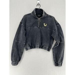 True Religion Cropped Quarter Zip Sweatshirt Womens Small Acid Wash Pullover